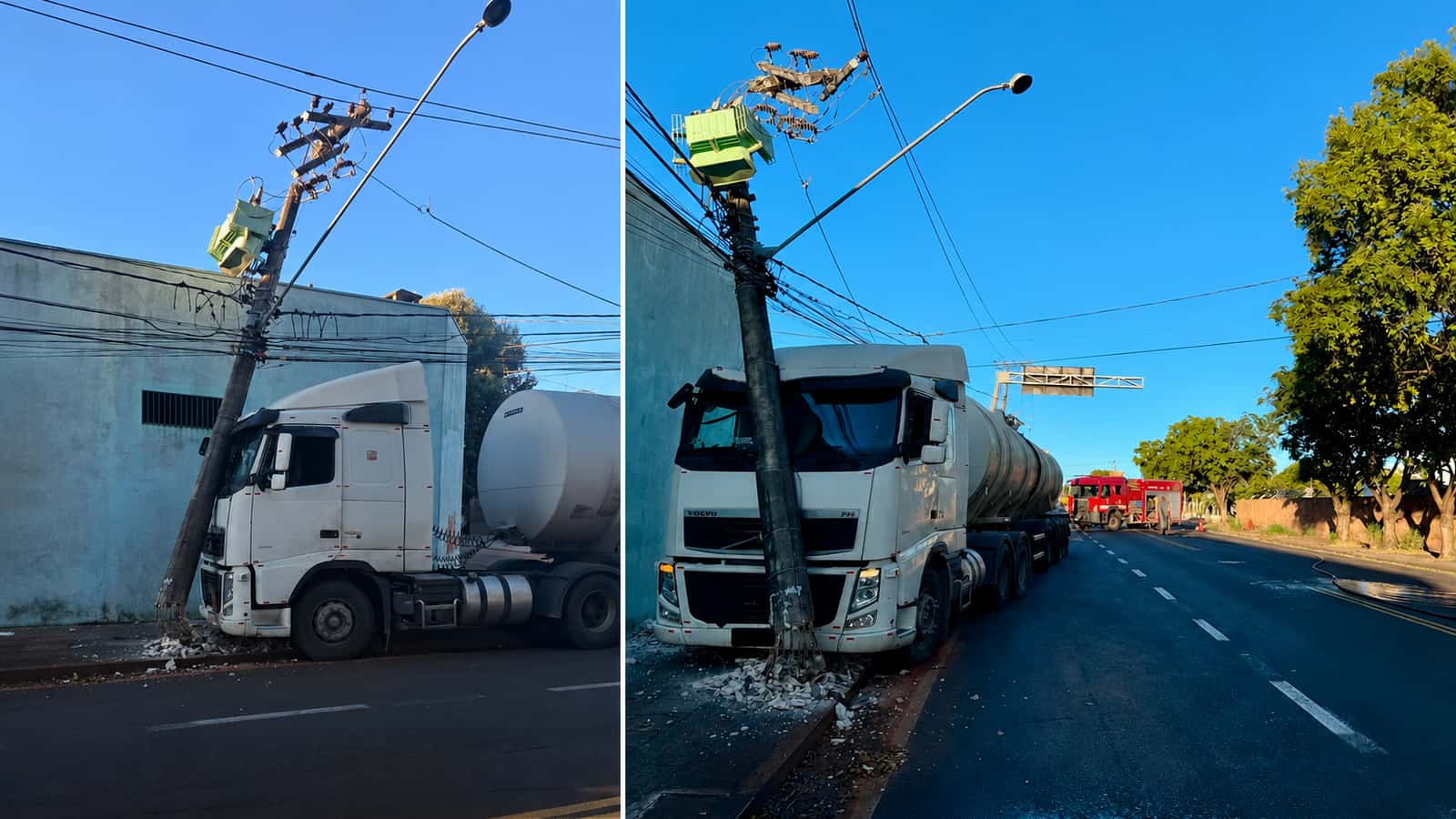 Carreta carregada com 45 mil litros de diesel derruba poste em Rio Preto