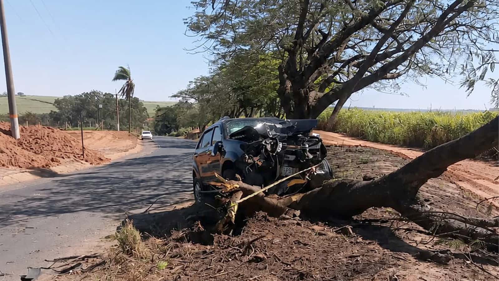 Idosa morre e homem fica gravemente ferido após veículo bater em árvore em Santa Adélia